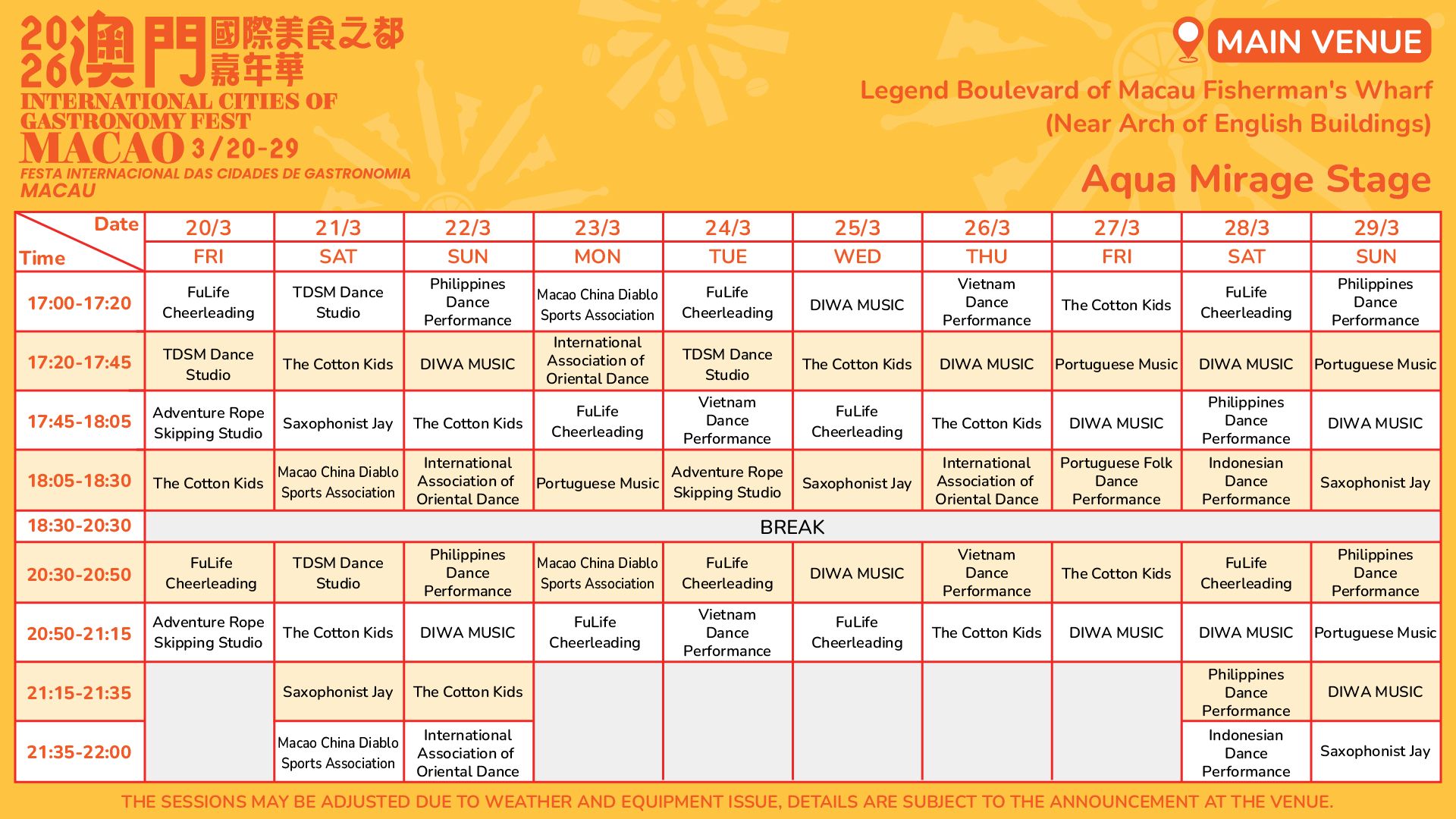 Aqua Mirage Stage Timetable